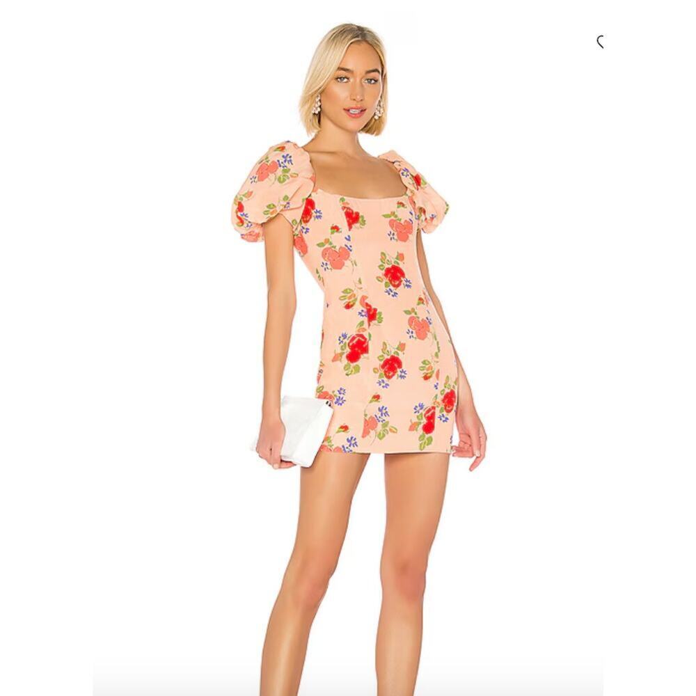 De La Vali Peach Floral Puff Sleeve 100% Silk Koko Mini Dress Sz 8 MSRP …